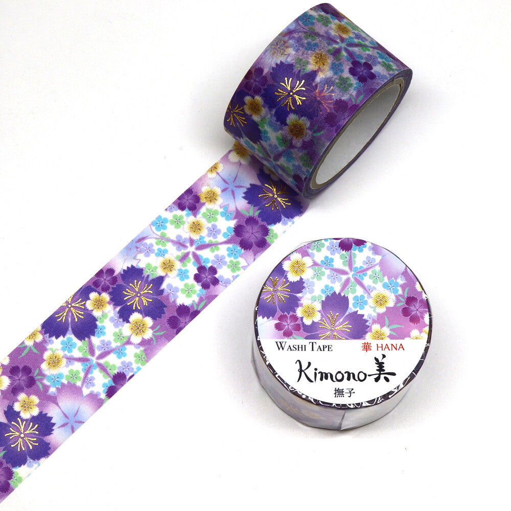 Wide Purple flowers Nadeshiko Kimono Washi Tape Floral Gold Foil GILDED Japanese