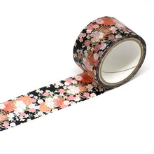 Wide Peony Sakura Kimono Washi Tape Floral on Black Japanese Kamiiso Sansyo