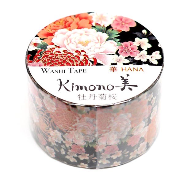 Wide Peony Sakura Kimono Washi Tape Floral on Black Japanese Kamiiso Sansyo