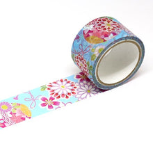 Wide Hana Yuzen Floral Washi Tape Kimono Japanese With Blue background