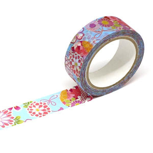 Yuzen Hana Floral Washi Tape Kimono Japanese With Blue background